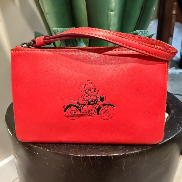 Coach x Disney Mickey on Bike Limited Edition Vibrant Red Leather Wristlet